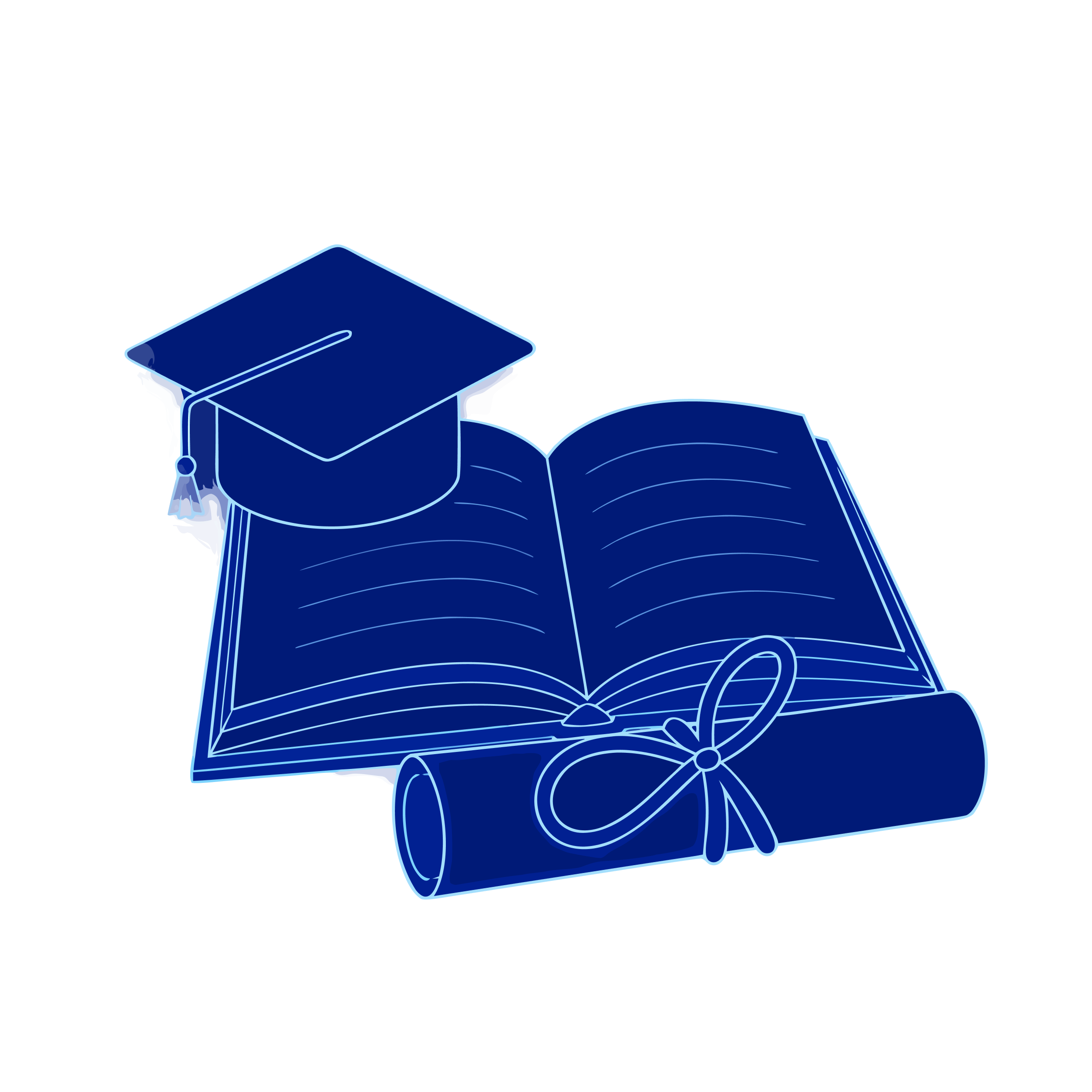 Blueprint illustration of an open book, graduation cap, and diploma