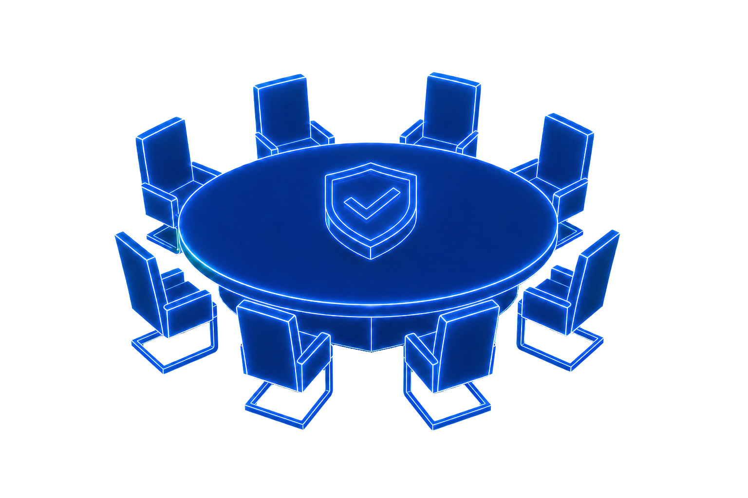 Luminous illustration of a governance board table with eight chairs and a central shield