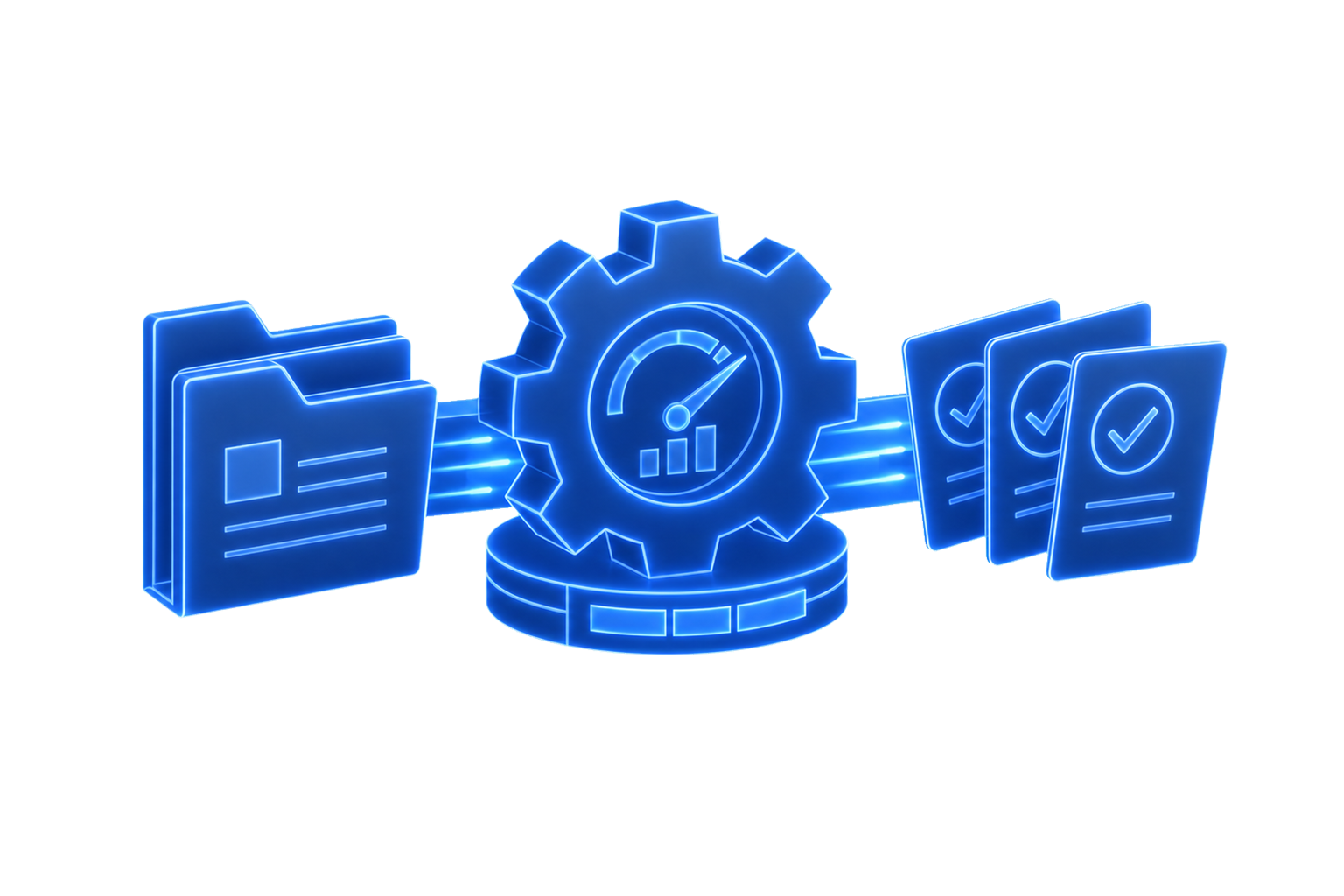 Luminous illustration of a service delivery system turning client projects into completed deliverables