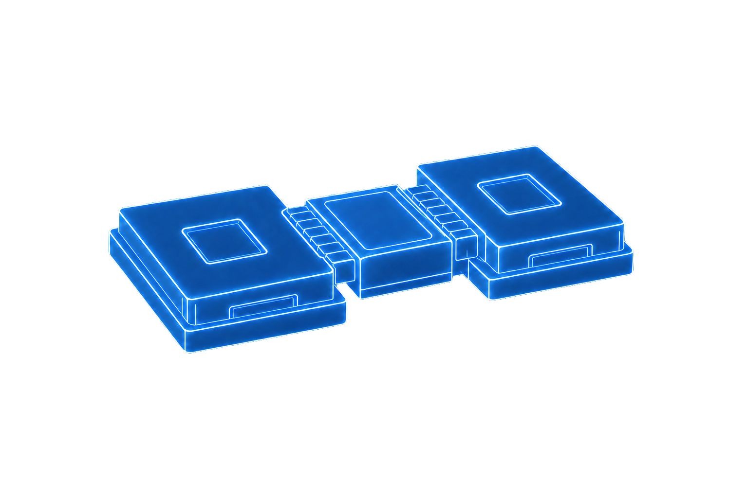 Luminous illustration of interoperable technology modules joined by an integration bridge